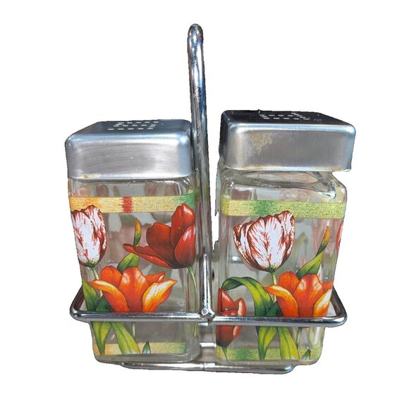 Vintage Glass Square Salt & Pepper Shakers W/ carrier. 6' H X 4.5' W - Picture 2 of 8